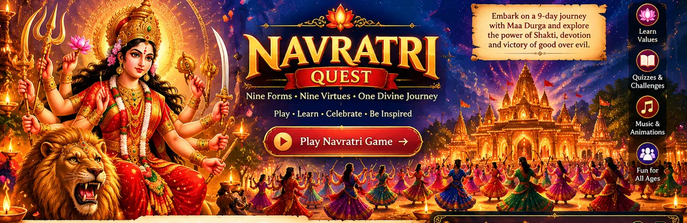 Navratri Quest celebration artwork with Maa Durga and a festive temple courtyard